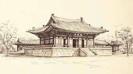 A hand-drawn sketch of a Korean palace, created with a pen.