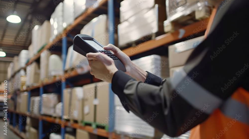 Poster a warehouse worker is using handheld scanner to manage inventory in storage facility filled with box