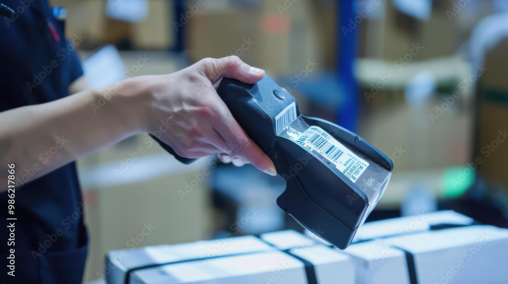 Poster scanning barcodes in warehouse setting, worker uses handheld scanner to track inventory efficiently.