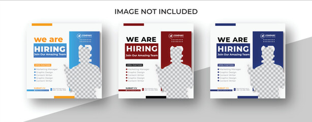 We are hiring job vacancy social media post banner design template. We are hiring job vacancy square web banner design.