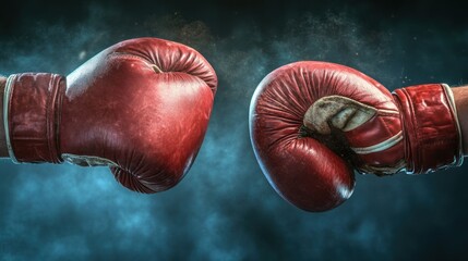 Two red boxing gloves facing each other with a dark blue smoky background.