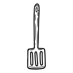 Kitchen spatula hand drawn doodle. Device for mixing and shifting ingredients when cooking. Stirring food. Spoon with holes. Tableware utensils appliance. Vector sketch line art illustration.