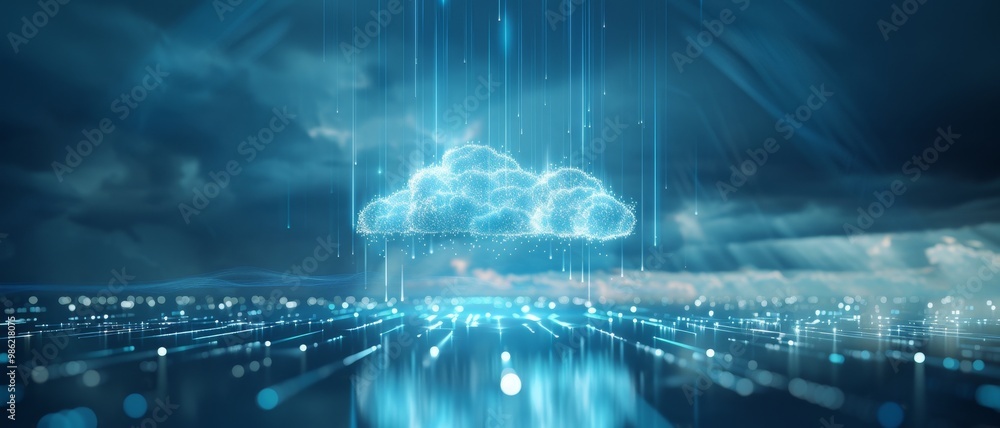 Poster a digital cloud emitting beams of light over a serene, reflective surface, symbolizing technology an