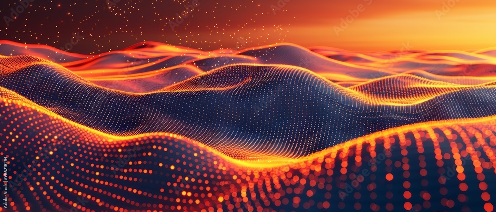 Poster a vibrant digital landscape featuring flowing waves of light and color, evoking a sense of depth and
