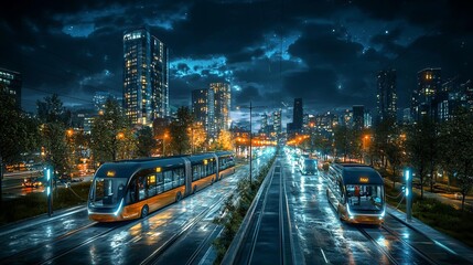 Naklejka premium A night scene of a vibrant downtown area illuminated by streetlights