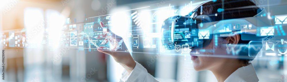 Aufkleber a futuristic scene depicting a person using virtual reality technology, surrounded by digital data a