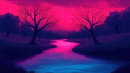 Fototapeta premium A serene landscape at twilight, featuring a winding river, silhouetted trees, and a vibrant pink and purple sky.