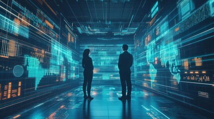 Obraz premium A man and woman stand in a futuristic room with a glowing blue digital world on the walls.