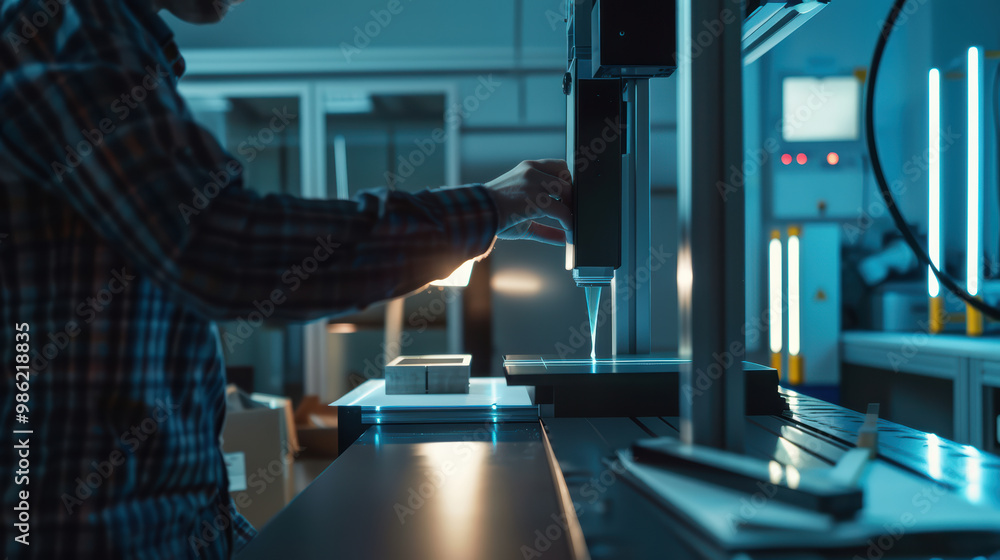 Poster image depicts person operating precision machine in modern workshop, showcasing blend of technology 