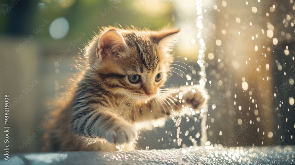 Poster a kitten pawing at a water fountain indoors, with a focus on its playful interaction with the water 