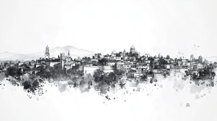 Gondar, Ethiopia, black and white pen pencil hand-drawn effect drawing illustration for travel poster, card, wallpaper, backdrop or banner. Modern, clear, artistic and simple