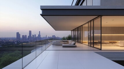 Fototapeta premium A modern balcony with sleek glass railings, minimalist outdoor seating, and a panoramic view of a city skyline in the distance.