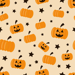 Vector seamless Halloween pattern with orange pumpkins with smiles