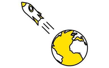 Simple line drawing of a launch rocket flying from earth, isometric illustration