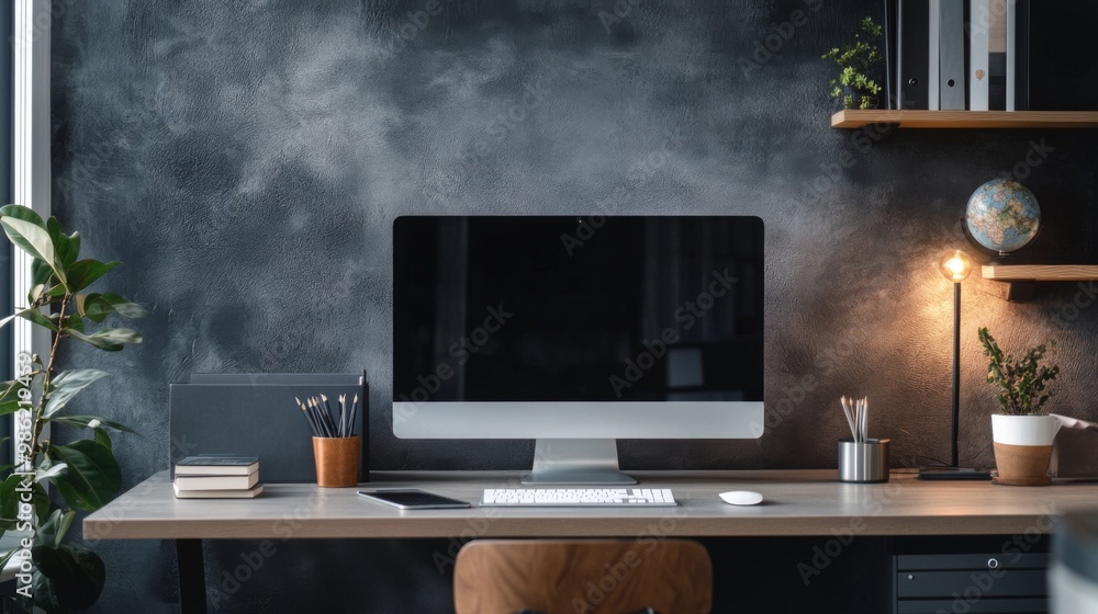 Poster a modern work desk with a sleek computer, a neatly organized workspace, and stylish office accessori