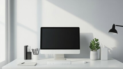 A modern work desk with a sleek computer, a neatly organized workspace, and stylish office accessories, set against a minimalist, contemporary backdrop.