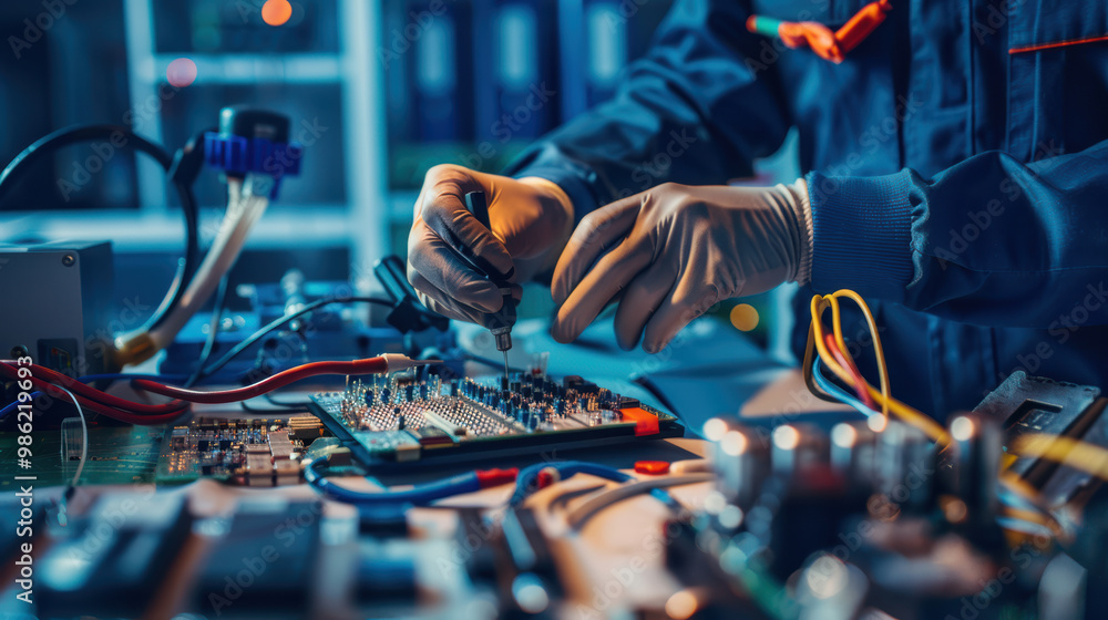 Poster a technician in gloves is working meticulously on circuit board, surrounded by various electronic co