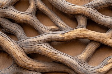 A close-up of twisted, gnarled branches on a barren tree, showing the texture and age of the bark