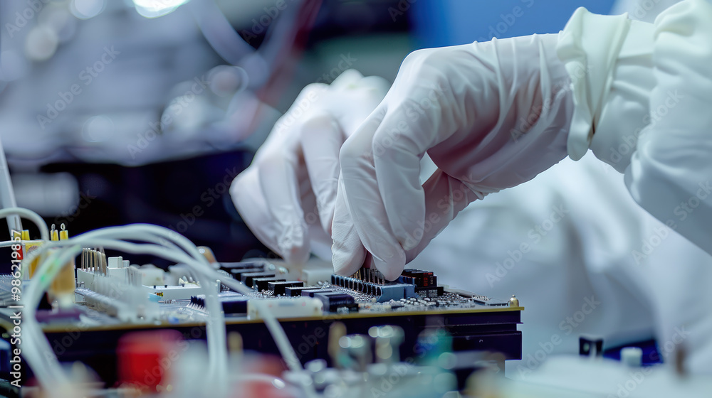 Poster a technician in lab coat and gloves is carefully assembling electronic components on circuit board, 