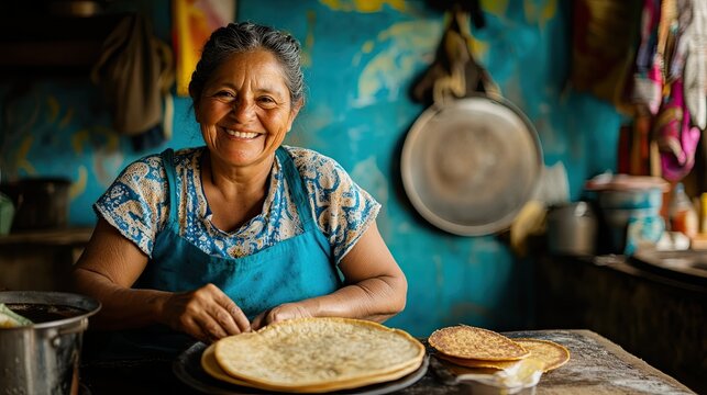 Smiling Colombian woman, cooking traditionals arepas at home.