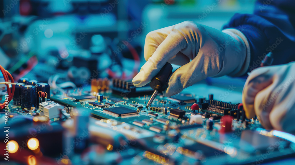 Poster a technician in gloves is carefully working on circuit board, using screwdriver to make adjustments.