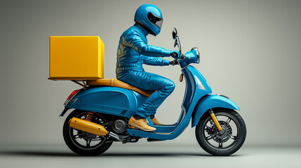 Man on Delivery Motorbike Isolated on Background: Ideal for Illustrating Fast Delivery Services, Logistics, and Urban Transportation Concepts - Perfect for Marketing, Ads, and E-Commerce Imagery.