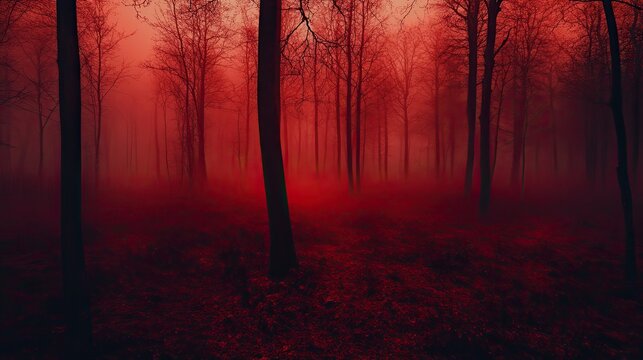 Spooky landscape, foggy forest with a red grass