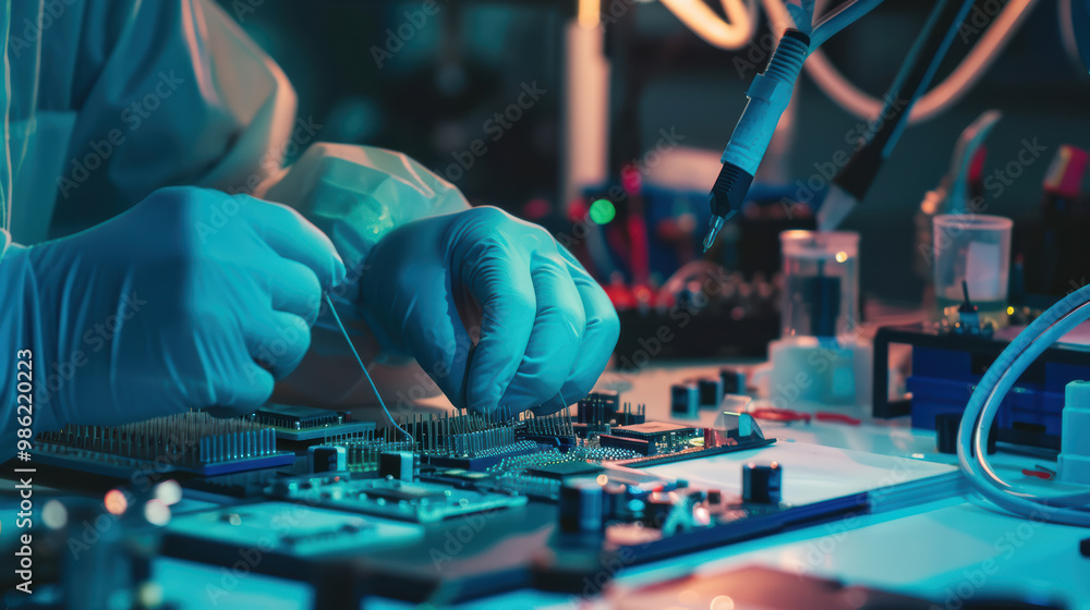Poster image showcases close up of hands wearing gloves working on circuit board in laboratory setting, hig