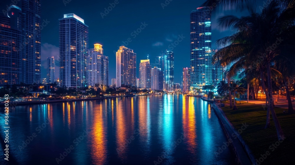 Poster a nighttime shot of illuminated skyscrapers along a river, with the lights creating a vibrant reflec