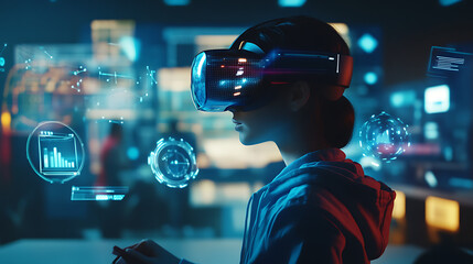 A 3D scene of a student using a virtual reality headset to attend a class, with futuristic devices around them projecting immersive educational environments 