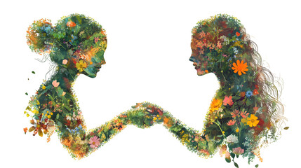 Silhouettes of two women covered with flowers holding hands on a transparent background. Man and nature, harmony, healthy life, environmental protection, love, unity of the biosphere, life in harmony 