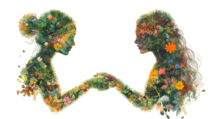 Silhouettes of two women covered with flowers holding hands on a transparent background. Man and nature, harmony, healthy life, environmental protection, love, unity of the biosphere, life in harmony 