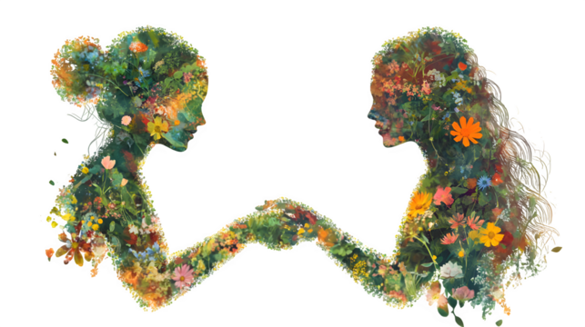 Silhouettes of two women covered with flowers holding hands on a transparent background. Man and nature, harmony, healthy life, environmental protection, love, unity of the biosphere, life in harmony  - Powered by Adobe