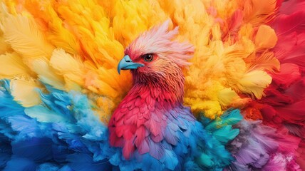 Fototapeta premium A vibrant, colorful bird made of feathers radiating brilliant hues of red, yellow, blue, and orange.