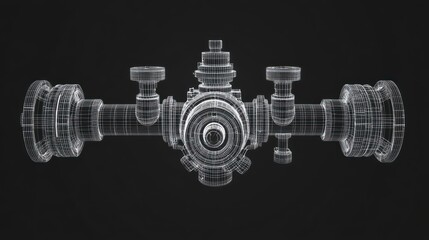 3D wireframe model of an industrial valve on a black background.