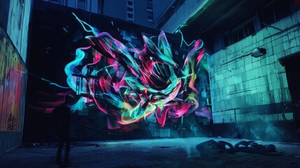 An urban scene showcasing glowing 3D graffiti art that seems to come to life under streetlights, creating a vibrant and dynamic atmosphere. This artwork embodies the essence of modern street culture