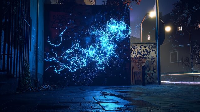 An urban scene showcasing glowing 3D graffiti art that seems to come to life under streetlights, creating a vibrant and dynamic atmosphere. This artwork embodies the essence of modern street culture