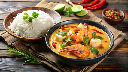 Seafood curry dish with prawns, crab, and squid in coconut milk sauce, served with rice , seafood, curry, prawns, crab, squid