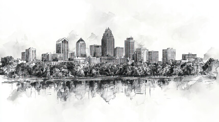 Fototapeta premium Greensboro, Carolina, black and white pen pencil hand-drawn effect drawing illustration for travel poster, card, wallpaper, backdrop or banner. Modern, clear, artistic and simple