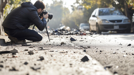 A man is taking a picture of a car