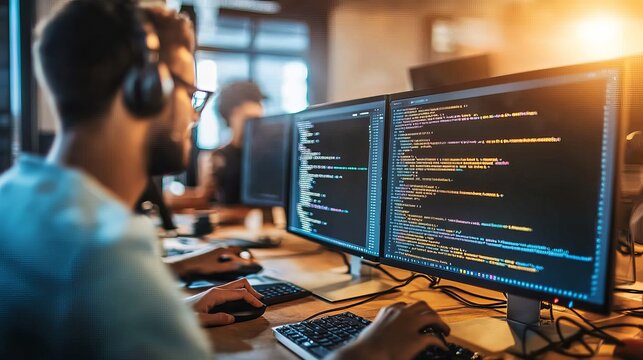 A group of people are working on a computer program and a mobile app. They are writing code to make the apps work.