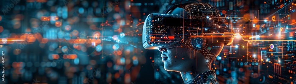 Poster a person wearing a virtual reality headset is immersed in a colorful, digital environment filled wit