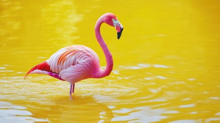 Naklejka premium Pink flamingo standing in yellow water with reflection.