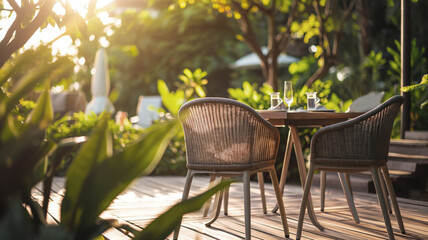 Fototapeta premium Two wicker chairs and a table on a wooden deck surrounded by lush green plants in a garden. Sunlight filters through trees creating a peaceful and inviting outdoor dining area