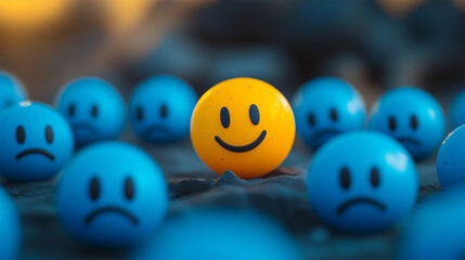 Blue Balls with Sad Faces Surrounding a Bright Yellow Ball with a Big Smile: A Vibrant Illustration of Joy and Happiness Amidst Sadness, Perfect for Themes of Positivity, Emotions, and Mental Health.