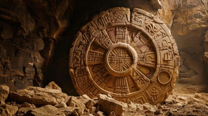 Obraz premium An ancient Wheel of Fortune carved in stone, set in an archaeological dig site, with faded runes and mysterious symbols, dusty and realistic