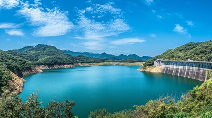 Obraz premium A panoramic view of a large water reservoir dam with a full lake, surrounded by lush green mountains and a clear blue sky.