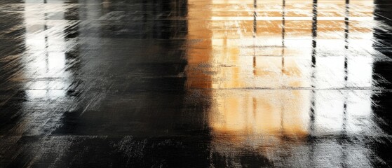 Naklejka premium A black and yellow floor with a reflection of the yellow floor in the window