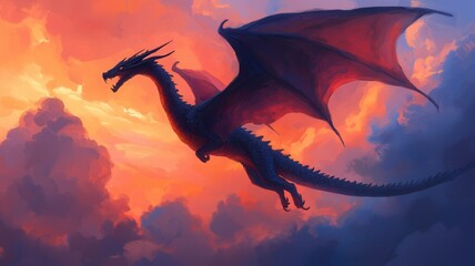 A majestic dragon soars through colorful clouds at sunset, its wings spread wide against a stunning backdrop of vibrant hues.
