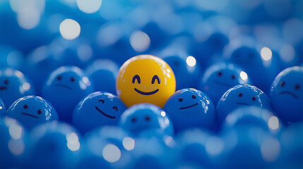 Blue Balls with Sad Faces Surrounding a Bright Yellow Ball with a Big Smile: A Vibrant Illustration of Joy and Happiness Amidst Sadness, Perfect for Themes of Positivity, Emotions, and Mental Health.